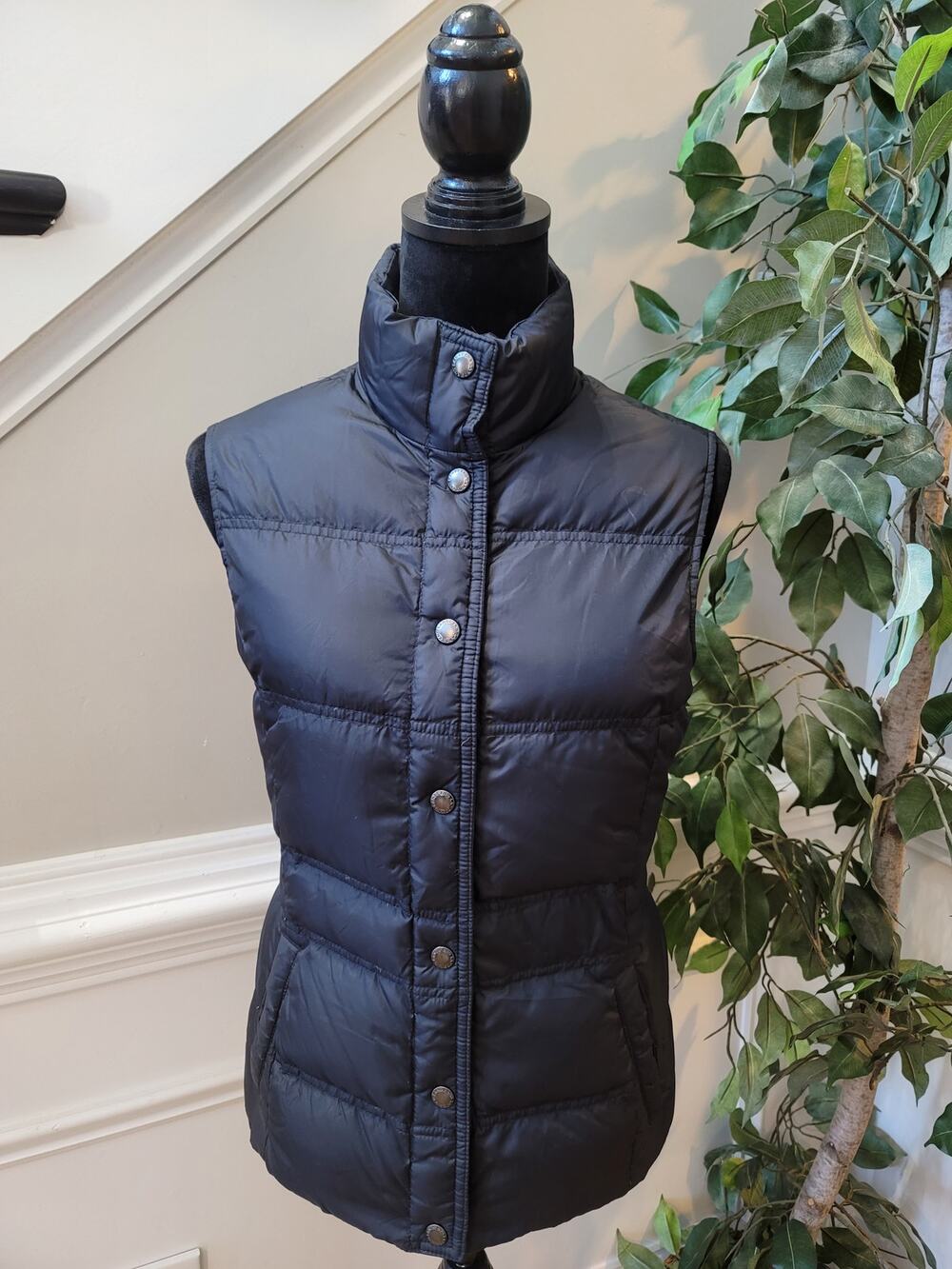 Lands' End Puffer Vest Women's Small Black Button Up Front Mock Neck Sleeveless